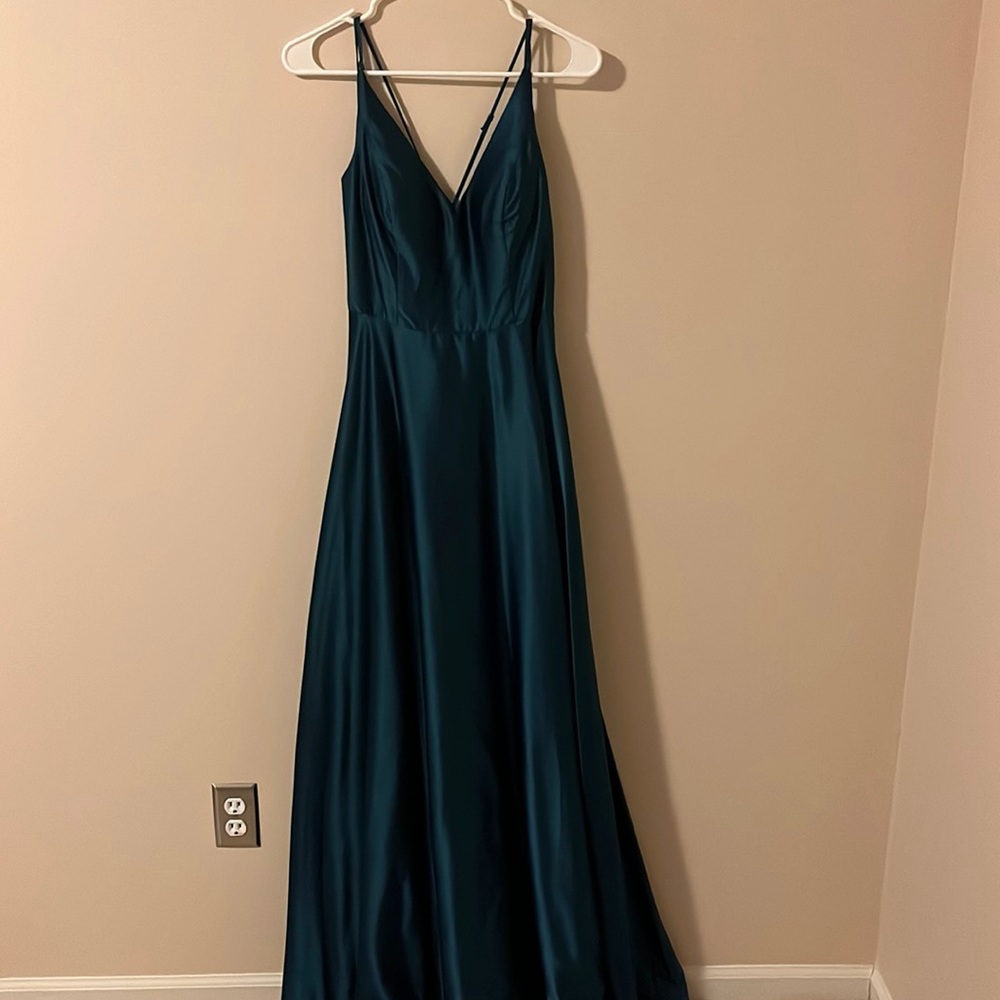 Long Blue Satin V-Neck Prom Dress with Slit and X Back by B Darlin, Size 9/10